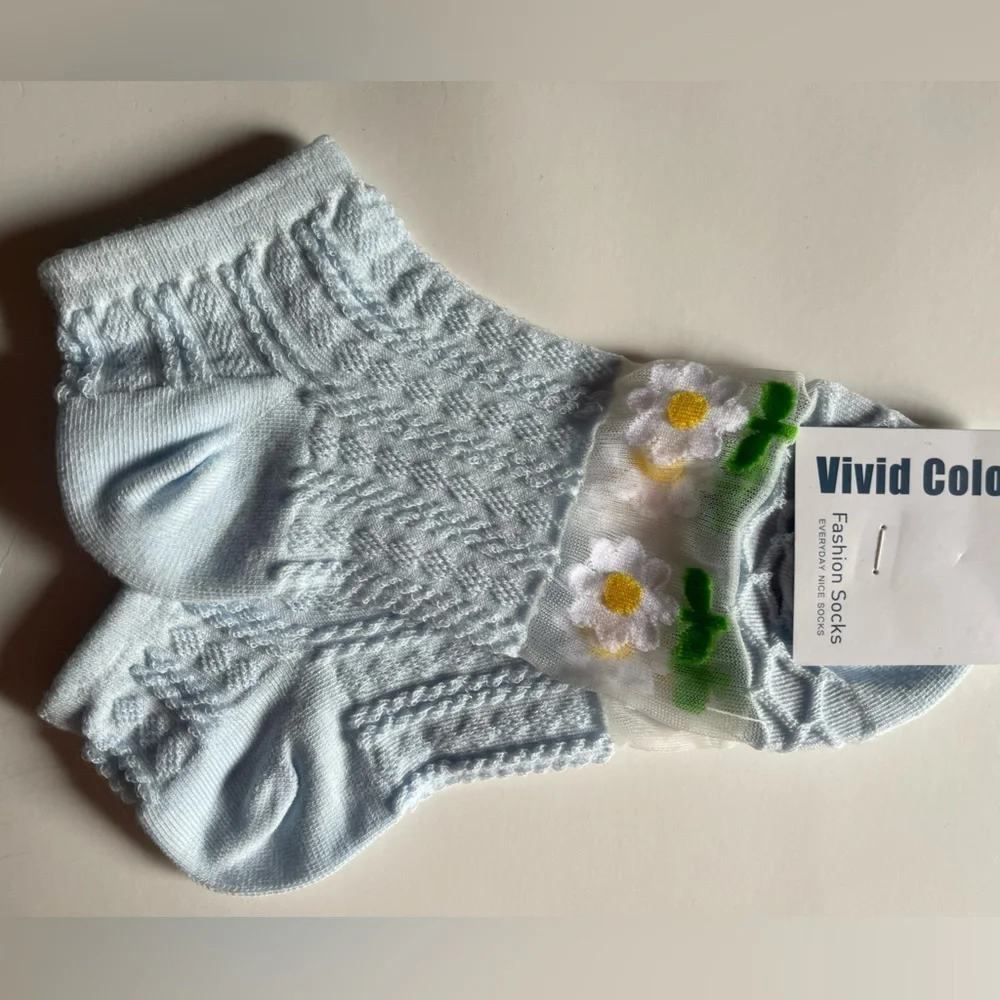 Baby blue Ankle Socks with Textured Knit and Floral Design